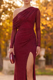 Burgundy One Shoulder Sheath Ruched Beaded Long Formal Dress with Side Slit