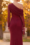 Burgundy One Shoulder Sheath Ruched Beaded Long Formal Dress with Side Slit
