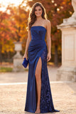 Dark Blue Sheath Ruched Strapless Sequins Maxi Formal Dress with Side Slit