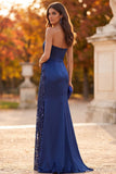Dark Blue Sheath Ruched Strapless Sequins Maxi Formal Dress with Side Slit