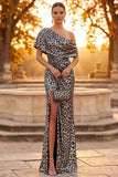 Silver Leopard One Shoulder Printed Sheath Ruched Long Formal Dress with Slit