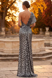 Silver Leopard One Shoulder Printed Sheath Ruched Long Formal Dress with Slit