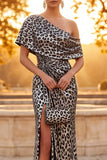 Silver Leopard One Shoulder Printed Sheath Ruched Long Formal Dress with Slit