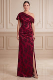 Burgundy Sheath Asymmetrical One Shoulder Jacquard Maxi Mother of the Bride Dress with Side Slit