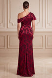 Burgundy Sheath Asymmetrical One Shoulder Jacquard Maxi Mother of the Bride Dress with Side Slit