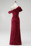 Burgundy Asymmetrical One Shoulder Sheath Jacquard Maxi Mother of the Bride Dress with Side Slit
