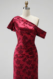 Burgundy Asymmetrical One Shoulder Sheath Jacquard Maxi Mother of the Bride Dress with Side Slit