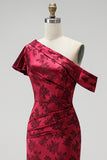 Burgundy Asymmetrical One Shoulder Sheath Jacquard Maxi Mother of the Bride Dress with Side Slit