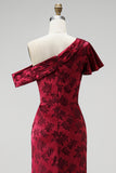 Burgundy Asymmetrical One Shoulder Sheath Jacquard Maxi Mother of the Bride Dress with Side Slit