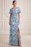 Grey Blue Sheath V-Neck Ruched Flutter Sleeves Maxi Mother of the Bride Dress with Side Slit