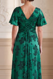 Dark Green A-Line V-Neck Jacquard Ruched Flutter Sleeves Maxi Mother of the Bride Dress
