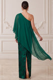 Dark Green Sheath One Shoulder Satin Printed Maxi Mother of the Bride Dress with Cape