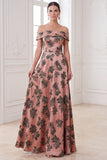 Orange A-Line Off the Shoulder Printed Maxi Mother of the Bride Dress