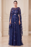 Navy A-Line Illusion Neck Sequins Maxi Mother of the Bride Dress with Cape