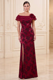 Burgundy Sheath Off the Shoulder 3D Flower Jacquard Long Mother of the Bride Dress with Slit