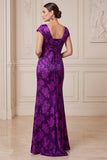 Dark Purple Sheath V-Neck Satin Jacquard Maxi Mother of the Bride Dress with Side Slit