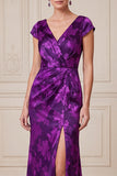 Dark Purple Sheath V-Neck Satin Jacquard Maxi Mother of the Bride Dress with Side Slit