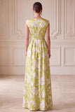 Green A-Line V-Neck Printed Ruched Long Mother of the Bride Dress