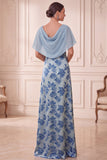 Grey Blue Sheath Boat Neck Printed Ruched Long Mother of the Bride Dress with Cape