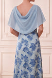 Grey Blue Sheath Boat Neck Printed Ruched Long Mother of the Bride Dress with Cape