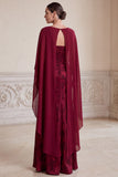 Burgundy Sheath V-Neck Jacquard Long Mother of the Bride Dress with Cape