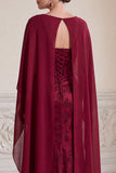 Burgundy Sheath V-Neck Jacquard Long Mother of the Bride Dress with Cape