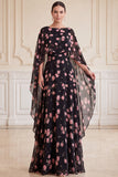 Black Pink Flower A-Line Chiffon Bateau Neck Printed Maxi Mother of the Bride Dress with Cape