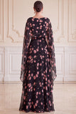 Black Pink Flower A-Line Chiffon Bateau Neck Printed Maxi Mother of the Bride Dress with Cape