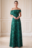 Dark Green A-Line Off the Shoulder Jacquard Asymmetrical Maxi Mother of the Bride Dress