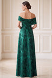 Dark Green A-Line Off the Shoulder Jacquard Asymmetrical Maxi Mother of the Bride Dress
