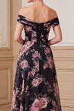Black Pink A-Line Off the Shoulder Printed Chiffon Maxi Mother of the Bride Dress