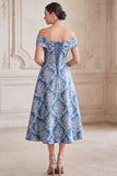 Grey Blue A-Line Off the Shoulder Jacquard Midi Mother of the Bride Dress