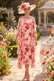 Red Flower 3/4 Sleeves Round Neck Midi Mother of the Bride Dress with Chiffon Cover‑Up