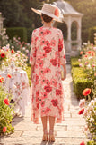 Red Flower 3/4 Sleeves Round Neck Midi Mother of the Bride Dress with Chiffon Cover‑Up