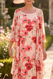 Red Flower 3/4 Sleeves Round Neck Midi Mother of the Bride Dress with Chiffon Cover‑Up