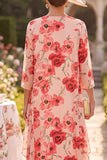 Red Flower 3/4 Sleeves Round Neck Midi Mother of the Bride Dress with Chiffon Cover‑Up