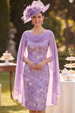 Purple Sheath Floral Embroidery Midi Mother of the Bride Dress with Chiffon Cape