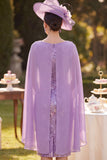 Purple Sheath Floral Embroidery Midi Mother of the Bride Dress with Chiffon Cape