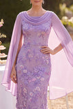 Purple Sheath Floral Embroidery Midi Mother of the Bride Dress with Chiffon Cape
