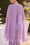 Purple Sheath Floral Embroidery Midi Mother of the Bride Dress with Chiffon Cape
