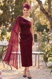 Burgundy One Shoulder Sheath Ruched Beaded Mother of the Bride Dress with Draping