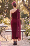 Burgundy One Shoulder Sheath Ruched Beaded Mother of the Bride Dress with Draping