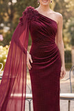 Burgundy One Shoulder Sheath Ruched Beaded Mother of the Bride Dress with Draping