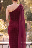 Burgundy One Shoulder Sheath Ruched Beaded Mother of the Bride Dress with Draping