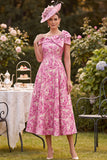 Pink Off the Shoulder Floral Printed A-Line Mother of the Bride Dress with Bow