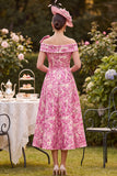 Pink Off the Shoulder Floral Printed A-Line Mother of the Bride Dress with Bow