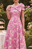 Pink Off the Shoulder Floral Printed A-Line Mother of the Bride Dress with Bow