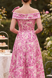 Pink Off the Shoulder Floral Printed A-Line Mother of the Bride Dress with Bow