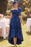 Off the Shoulder Navy High Low Satin Lace A-Line Mother of the Bride Dress with Large Bow