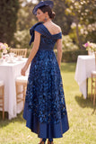 Off the Shoulder Navy High Low Satin Lace A-Line Mother of the Bride Dress with Large Bow